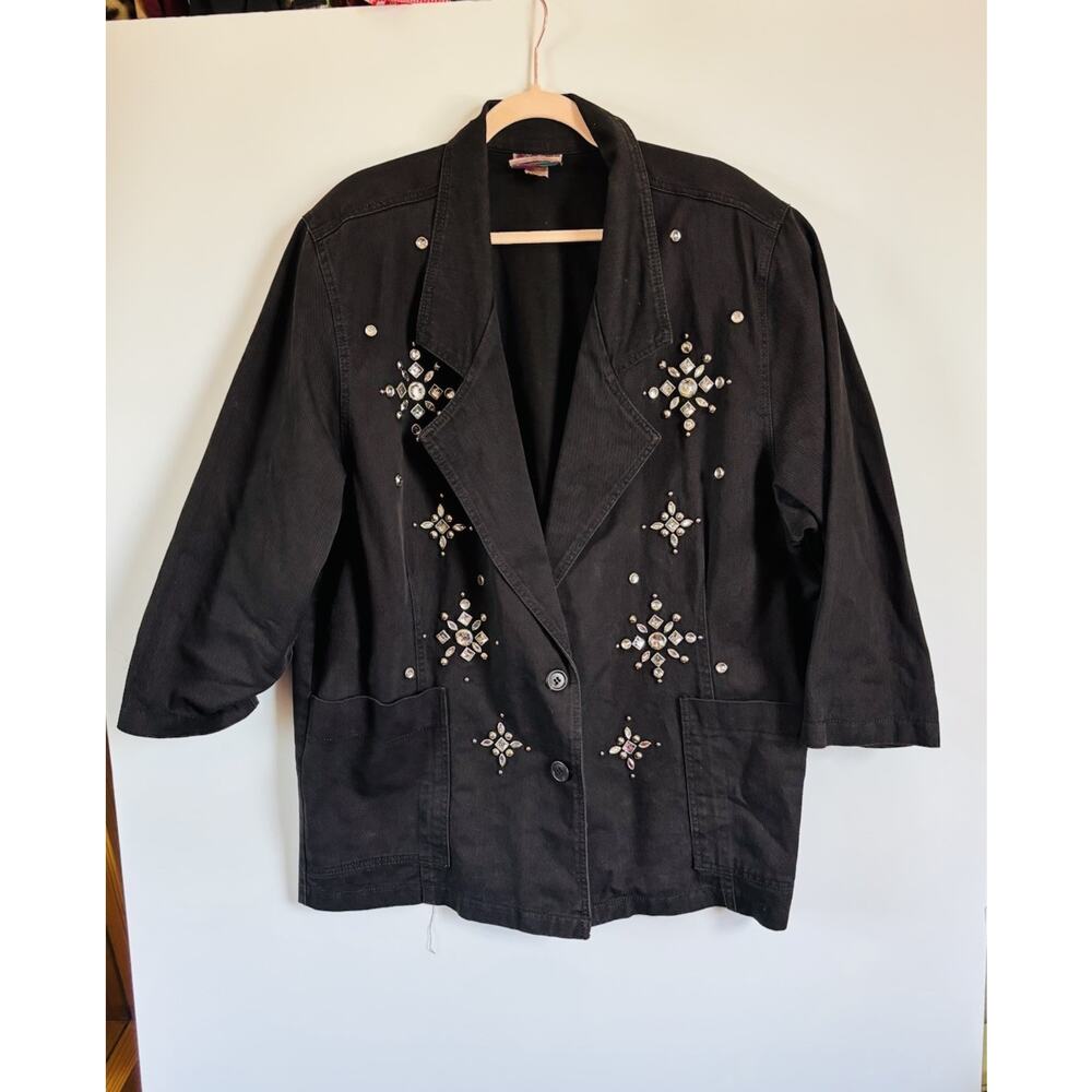 Vintage 80s Monique Denim Western Style Jeweled‎ Bedazzled Studded Blazer 1X